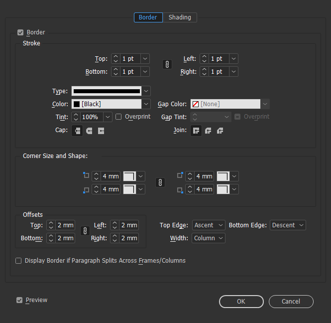 InDesign CC 2018 - Paragraph Border Options